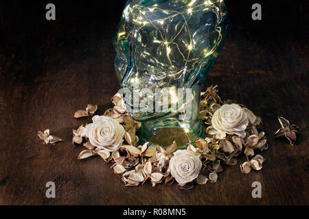 Glas Kopf mit Lichtquellen innerhalb von Blumen auf dunklem Hintergrund umgeben Stockfoto