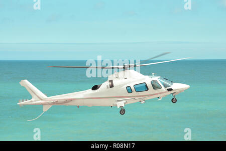 Weißen kleinen Helikopter fliegt über das azurblaue Meer. Business Transport. Stockfoto