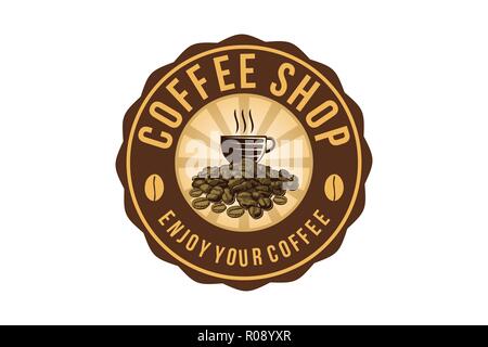 Kaffeetasse, einen Stapel der Kaffeebohne, Kaffee shop Logo Designs Inspiration isoliert auf weißem Hintergrund Stock Vektor