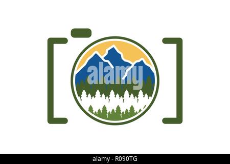 Berg, Tanne, Objektiv, Outdoor fotografie Logo Designs Inspiration isoliert auf weißem Hintergrund Stock Vektor