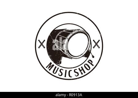 Drum, Musik Shop, musikalische Logo Designs Inspiration isoliert auf weißem Hintergrund Stock Vektor