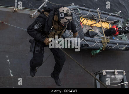 Mitglied Her Majesty's Canadian Ship (Hmcs) VILLE DE QUÉBEC Naval Tactical Operations Team stößt von der Flagge deck während einer Schulung beim Segeln in der Trondheim Fjord, Norwegen während der Übung Trident Zeitpunkt 18. Am 30. Oktober 2018. (Foto von MCpl Andre Maillet) Stockfoto