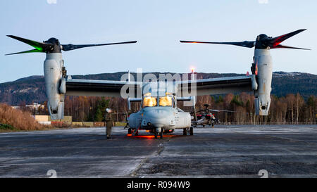 Eine MV-22 B Osprey mit Marine Medium Tiltrotor Squadron 365 ist auf dem Flug während der Trident Punkt 18 am Vaernes Air Base, Norwegen, Nov. 1, 2018. Die Übung verbessert die USA und die NATO-Verbündeten und Fähigkeiten der Partner zur Zusammenarbeit militärische Operationen unter schwierigen Bedingungen durchzuführen. (U.S. Marine Corps Foto von Lance Cpl. Cody J. Ohira) Stockfoto