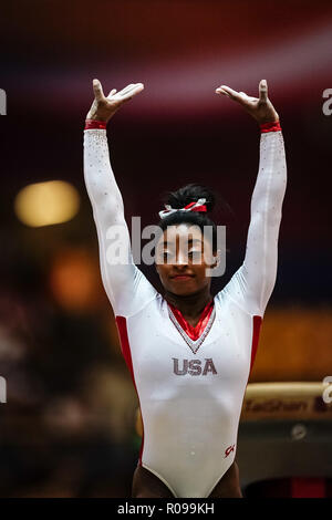 Doha, Katar. November 2, 2018: Simone Biles der Vereinigten Staaten während Vault für Frauen an die Aspire Dome in Doha, Katar, künstlerische Bild Turn-WM. Ulrik Pedersen/CSM Credit: Cal Sport Media/Alamy leben Nachrichten Stockfoto