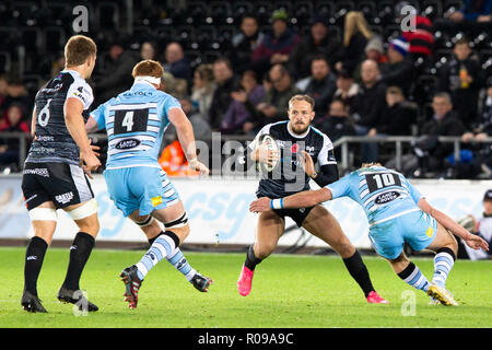 Swansea, Großbritannien. 02 Nov, 2018. Liberty Stadium, Swansea, Wales, UK. Freitag, 2. November 2018. Im Guinness Pro 14 Rugby-Spiel zwischen Fischadler und Glasgow Warriors. Credit: gruffydd Thomas/Alamy Live News Credit: gruffydd Thomas/Alamy leben Nachrichten Stockfoto