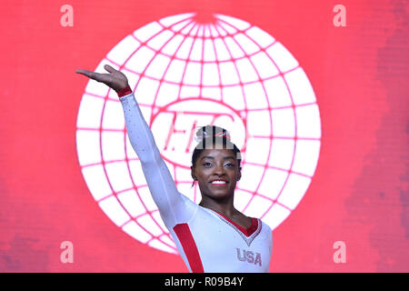 Doha, Katar. 2 Nov, 2018. Simone Biles (USA), 2. November 2018 - Turnen: Die 2018 Gymnastics World Championships, Women's Vault Finale bei Aspire Dome in Doha, Katar. Credit: MATSUO. K/LBA SPORT/Alamy leben Nachrichten Stockfoto