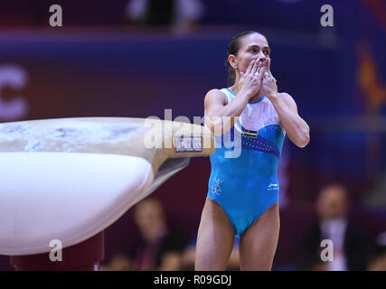 Doha, Katar. 02 Nov, 2018. Oksana Chusovitina (USB) auf dem Sprung. GES/Turnen/Gymnastik Weltmeisterschaften in Doha, Geraetfinale, 02.11.2018 - GES/Turnen/Gymnastik-WM: 02.11.2018 - | Verwendung der weltweiten Kredit: dpa/Alamy leben Nachrichten Stockfoto