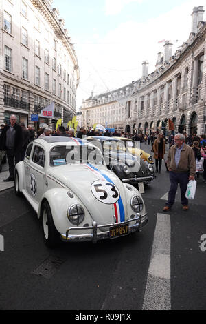 Westminster, London, W1, UK. 3. November, 2018. "Herbie" Ikone des Films VW Käfer an der Illinois Route 66 gesponsert, Regent Street Motor Show, Westminster, London, UK Credit: Motofoto/Alamy leben Nachrichten Stockfoto