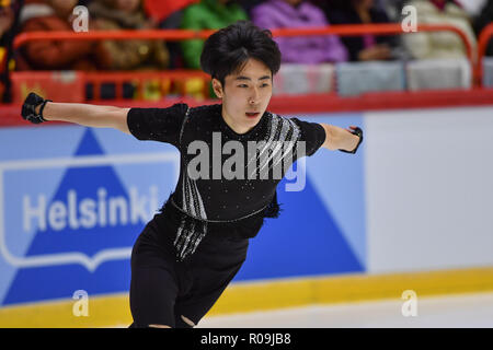 Helsinki, Finnland. 03 Nov, 2018. Boyang Jin (CHN) während in Men's Programm der ISU-GP von Eiskunstlauf Helsinki 2018 an der Helsinki Ice Hall (Helsingin Jaahalli) am Samstag, 03. November 2018. HELSINKI. (Nur redaktionelle Nutzung, eine Lizenz für die gewerbliche Nutzung erforderlich. Keine Verwendung in Wetten, Spiele oder einer einzelnen Verein/Liga/player Publikationen.) Credit: Taka Wu/Alamy leben Nachrichten Stockfoto