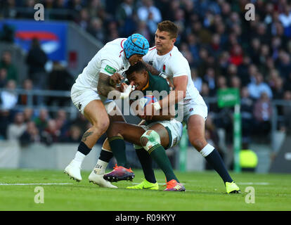 London, Großbritannien. 03 Nov, 2018. L-RJack Rowell von England, Damian Willemse von Südafrika und Henry Slade von England während Quilter Internationale zwischen England und Südafrika bei Twickenham Stadium, London, England, 03. Nov 2018. Credit: Aktion Foto Sport/Alamy leben Nachrichten Stockfoto