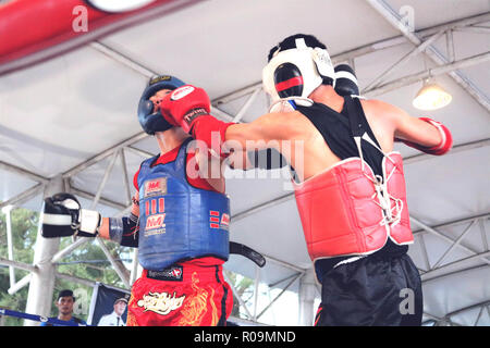 Makassar, Indonesien. 3. November, 2018. Der Muay Thai Meisterschaft in der Stadt Makassar für die Trophäe des Bürgermeisters von Makassar, Samstag, 3. November 2018 teilgenommen. Die Meisterschaft wurde von professionellen Muay Thai Athleten von der Stadt Makassar, Südsulawesi Credit: Herwin Bahar/Alamy Live News besucht Stockfoto