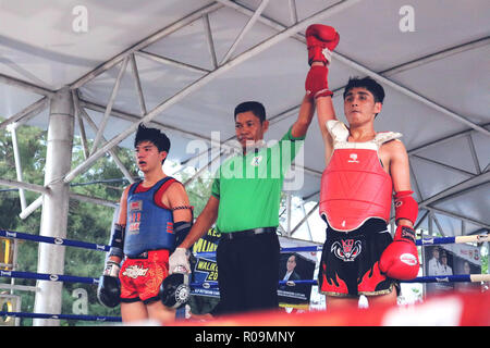 Makassar, Indonesien. 3. November, 2018. Der Muay Thai Meisterschaft in der Stadt Makassar für die Trophäe des Bürgermeisters von Makassar, Samstag, 3. November 2018 teilgenommen. Die Meisterschaft wurde von professionellen Muay Thai Athleten von der Stadt Makassar, Südsulawesi Credit: Herwin Bahar/Alamy Live News besucht Stockfoto