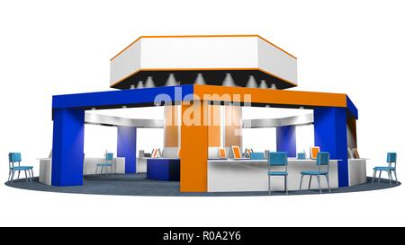 3D-Modell eines Kiosk für den Verkauf in einem achteckigen fair mit Stühlen für Kunden und Lieferanten auf einem runden Teppich. In den Farben weiß, blau und orange Farben stehen Stockfoto