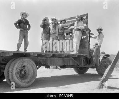 Gruppe der mexikanischen Arbeiter auf Tieflader nach einem Tag in der Melone Felder, Imperial Valley, Kalifornien, USA, Dorothea Lange, Farm Security Administration, Juni 1935 Stockfoto