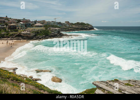 Blick entlang Nähe: Tamarama Beach Vorland vom Spaziergang entlang der Küste mit goldenem Sand, türkisfarbenes Meer und Surfen. Sydney Australien. Stockfoto