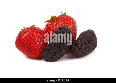 Erdbeeren und Mulberry auf weißem Hintergrund Stockfoto