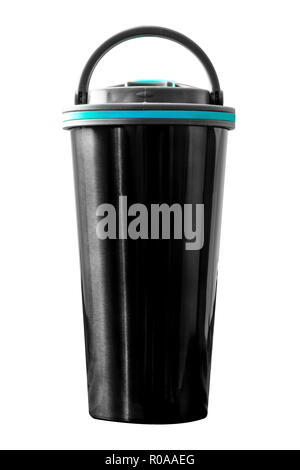 Dunkle Becher Thermoskanne auf weißem Hintergrund Stockfoto