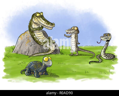 Reptile Konferenz digitale Illustration, Krokodil, Schlange, Echse, Schildkröte Stockfoto