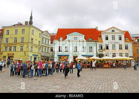 TALLINN, Estland - 30. AUGUST 2018: Unbekannter Menschen auf dem Rathausplatz Stockfoto