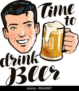 Zeit zum Bier trinken, Poster. Alkohol, pub Konzept. Pop Art retro Comic Stil. Cartoon Vector Illustration Stock Vektor