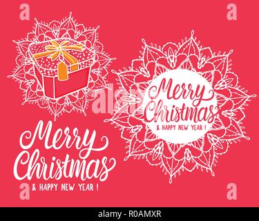 Schrift Beschriftung Karte Vektor Merry Chistmas. Geschenk Box Design Hand gezeichnet weiß Mandala Abbildung auf roten Hintergrund isoliert. Stock Vektor