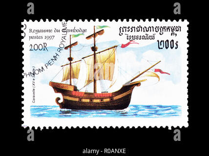 Storniert Briefmarke von Kambodscha gedruckt, das 15. Jahrhundert Caravel, circa 1997. Stockfoto