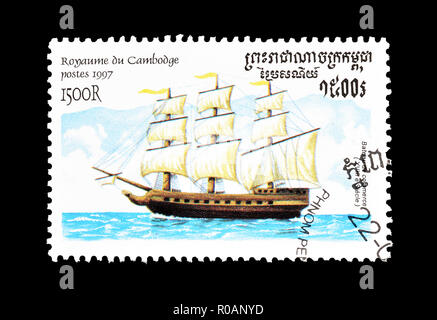 Storniert Briefmarke von Kambodscha gedruckt, das Schiff aus dem 18. Jahrhundert, circa 1997. Stockfoto