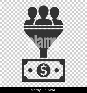 Lead Management Symbol im flachen Stil. Trichter mit Menschen, Geld Vector Illustration auf isolierte Hintergrund. Ziel client Business Konzept. Stock Vektor