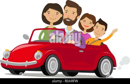Glückliche Familie, die mit dem Auto anreisen. Reise, Reise Konzept. Cartoon Vector Illustration Stock Vektor