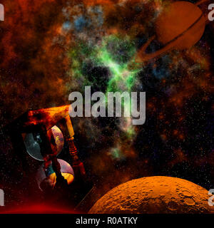 Am Anfang der Zeit - ein sand Timer in den Raum mit den Planeten Stockfoto