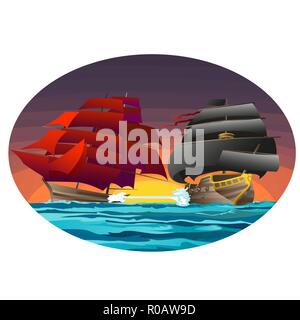 Oval Plakat mit zwei Schiffe mit roten und schwarzen Segel. Vektor cartoon Close-up Abbildung. Stock Vektor