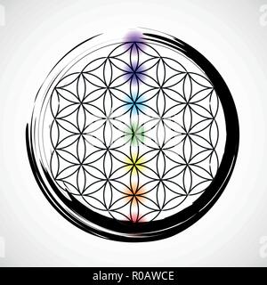 Sieben Chakras und Blume des Lebens Vector Illustration Stock Vektor