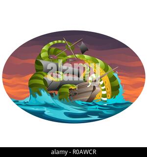 Oval Plakat mit Schiff von Octopus Tentakeln gefangen. Vektor cartoon Close-up Abbildung. Stock Vektor