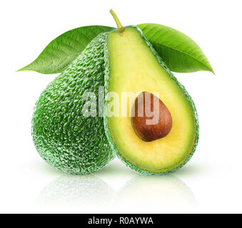 Isolierte Avocados. Zwei avocado Obst, einem Schnitt in der Hälfte, auf einem Ast mit Blätter auf weißem Hintergrund mit Freistellungspfad isoliert Stockfoto