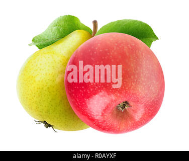 Zwei isolierte Früchte auf einem Zweig. Gelb Grün Birne und Apfel mit Blättern auf weißem Hintergrund mit Freistellungspfad isoliert Stockfoto