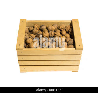 Holz- Korb voller Walnüsse isoliert auf Weiss. Stockfoto