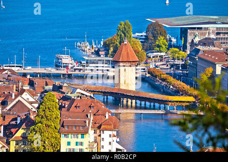 Stadt Luzern Panoramablick Kaepllbrucke, Alpen und Seen in der Schweiz Stockfoto