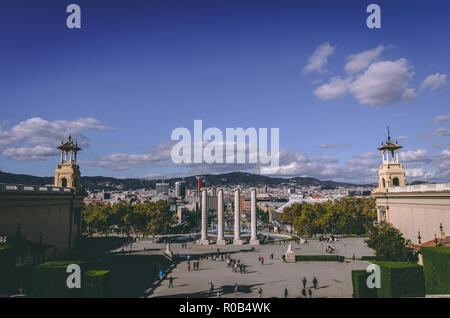 Panoramablick von der Placa d'Espanya in Barcelona, Spanien, Europa aus dem Museu Nacional d'Art de Catalunya Stockfoto