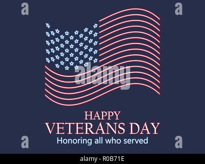 Veterans Day 11. November. Ehrt alle, die dienten. Neon US Flag, neon Schild. Vector Illustration Stock Vektor