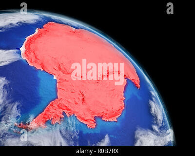 Antarktis vom Platz. Der Planet Erde mit extrem hohen Detail der Planetenoberfläche und Wolken. Kontinent in Rot hervorgehoben. 3D-Darstellung. Elemente o Stockfoto