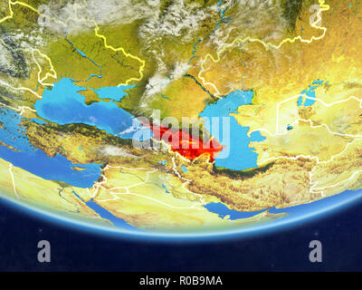Kaukasus auf realistischen Modell der Erde mit Ländergrenzen und sehr detaillierten Planeten und Wolken. 3D-Darstellung. Elemente dieser Stockfoto