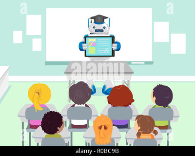 Abbildung: Stickman Kinder Hören zu einem Roboter Lehrer, die Daten auf einem Tablet-PC Stockfoto