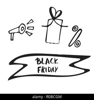 Schwarzer Freitag Text mit Band und Dekoration. Beschriftung für die Förderung des Verkaufs. Stock Vektor