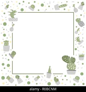 Vektor Cactus frame Vorlage. Zimmerpflanze square Grenze Zusammensetzung in doodle Stil. Stock Vektor