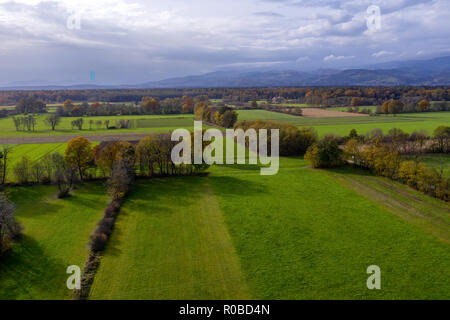 Luftaufnahme der Landschaft Ostsloweniens mit Feldern, Wald und Hecken, Hecken, die Felder und Wiesen teilen, Pohorje im Hintergrund Stockfoto