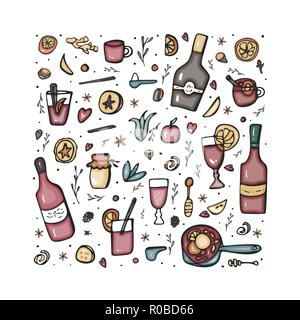 Vektor einrichten von Glühwein Elemente und Objekte. Platz Sammlung von Zutaten in doodle Stil. Stock Vektor
