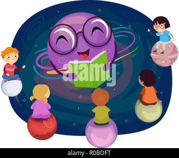 Abbildung: Stickman Kinder sitzen auf Planeten Hören zu einem Lehrer Planet lesen eine Geschichte Buch Stockfoto