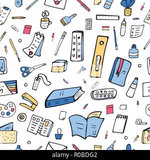 Nahtlose Muster der Vektor Bürobedarf. Sammlung von Schreibwaren in Doodle style endlose Hintergrund. Stock Vektor