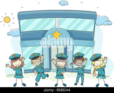Abbildung: Stickman Kinder tragen Polizei Uniform Vor der Polizeistation Stockfoto