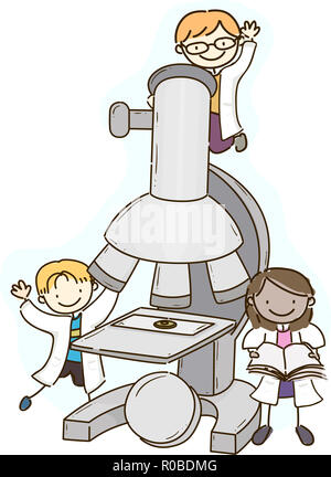 Abbildung: Stickman Kinder tragen Laborkittel und stehen mit einem Mikroskop Stockfoto